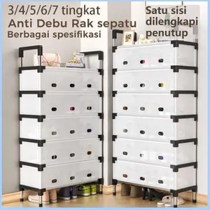 Rak Sepatu Besi Minimalis Susun Tertutup Plastik 3 4 5 Susun Kokoh Tahan Lama dengan 2 Baris Pengait untuk Buku Pakaian Sepatu dan Barang Lainnya 60x26x91cm