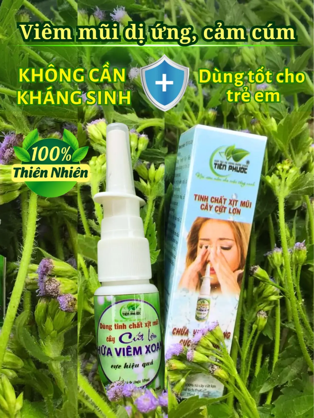 Xịt viêm mũi dị ứng, viêm xoang HTX Nông dược xanh Tiên Phước 15ML từ hoa cứt lợn lành tính, hiệu quả