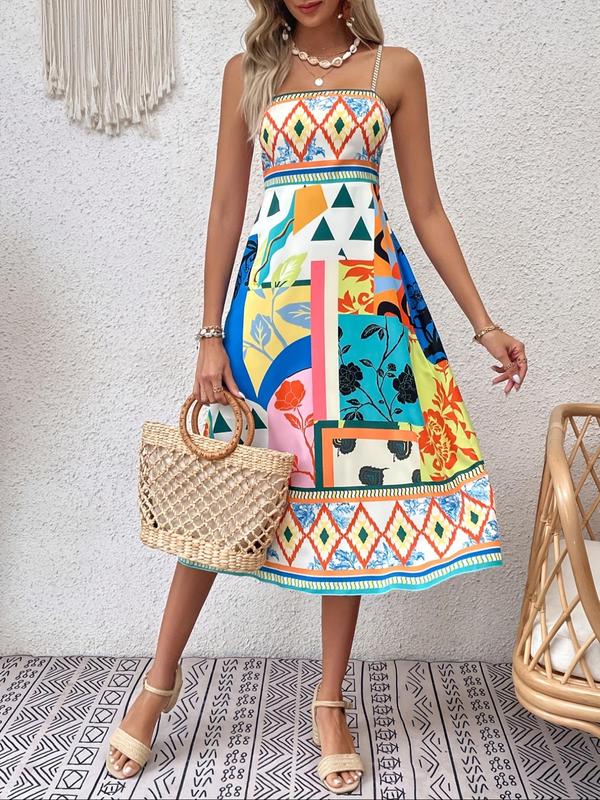 Women's All Over Print Shirred Dress without Bag, Elegant Sleeveless A Line Dress for Summer, Ladies Clothes for Beach Holiday Vacation 3