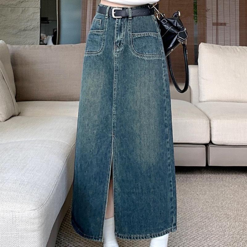 Chân Váy Jean Dài Qua Gối Xẻ Trước Phong Cách Hàn Quốc Trẻ Trung Năng Động V12