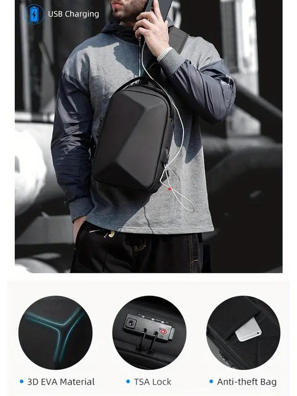 Men's Business Solid Color Sling Bag, Large Capacity Shoulder Bag, Usb Charging & Waterproof Crossbody Bag, Casual Office Computer Bag for Daily Used 4