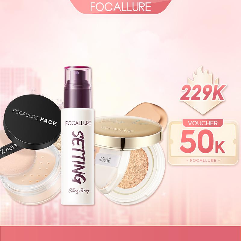 【NEW Focallure Combo Trang Điểm Mặt Cushion Phấn Nước Hỗ Trợ Che Khuyết Điểm + Xịt Khóa Hỗ Trợ Cố Định Lớp Trang Điểm + Phấn Phủ Dạng Bột Phù Hợp Cho Mọi Loại Da