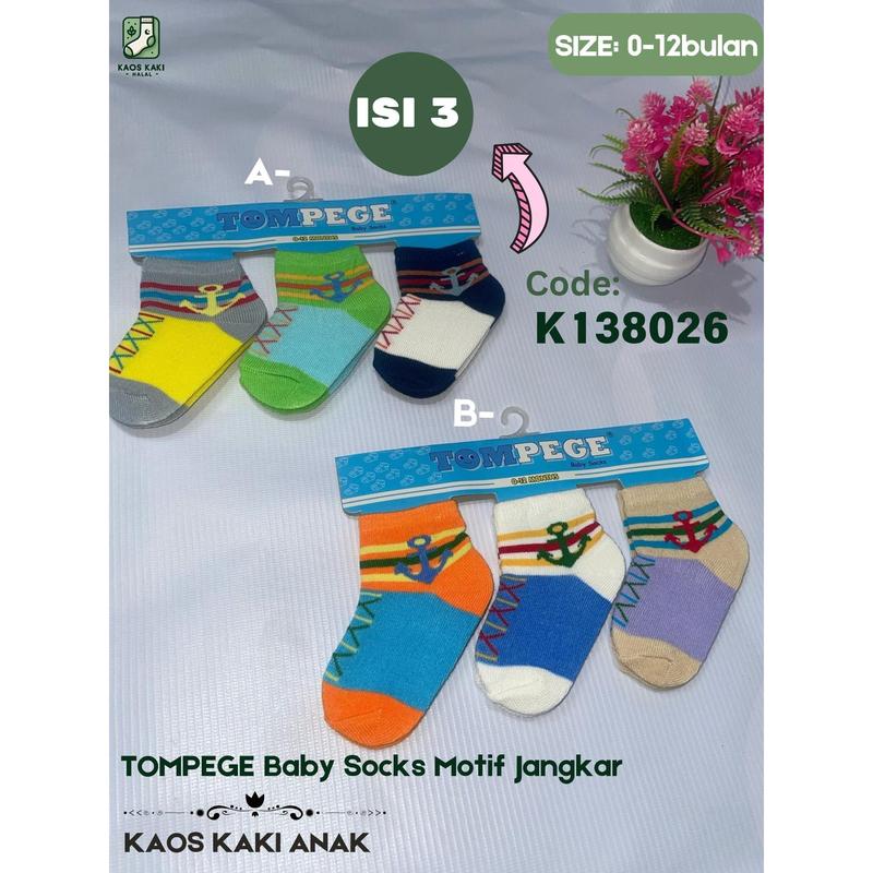 Kaos Kaki Anak Paket Isi 3pcs Pendek Warna-Warni Motif Umur 0-12 Bulan | Tompege Baby Socks | Kos Kaki 1