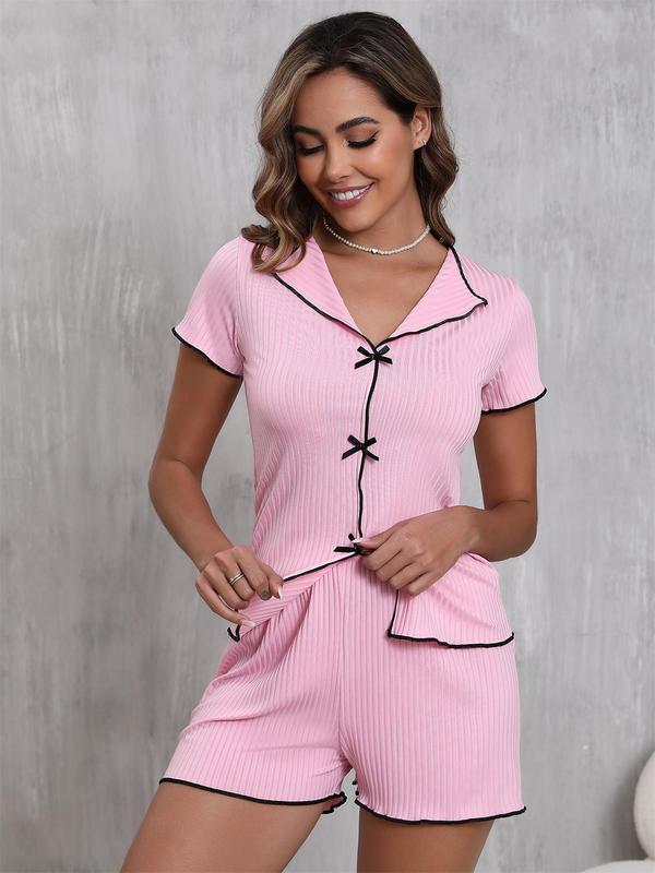 Women's Solid Ribbed  Top & Shorts Pyjama Two-piece Set, Casual Comfy Short Sleeve Tee & Shorts Pj Set, Ladies Summer Sleepwear, Loungewear 6