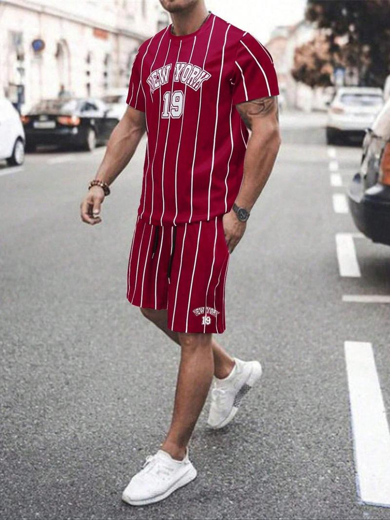 Product Introduction of Two-Piece Set Men's Letter Print Short Sleeve Crop Tee & Striped Print Shorts, Regular Fit Round Neck T-shirt & Track Shorts, Casual Summer Clothes Set for Outdoor 1