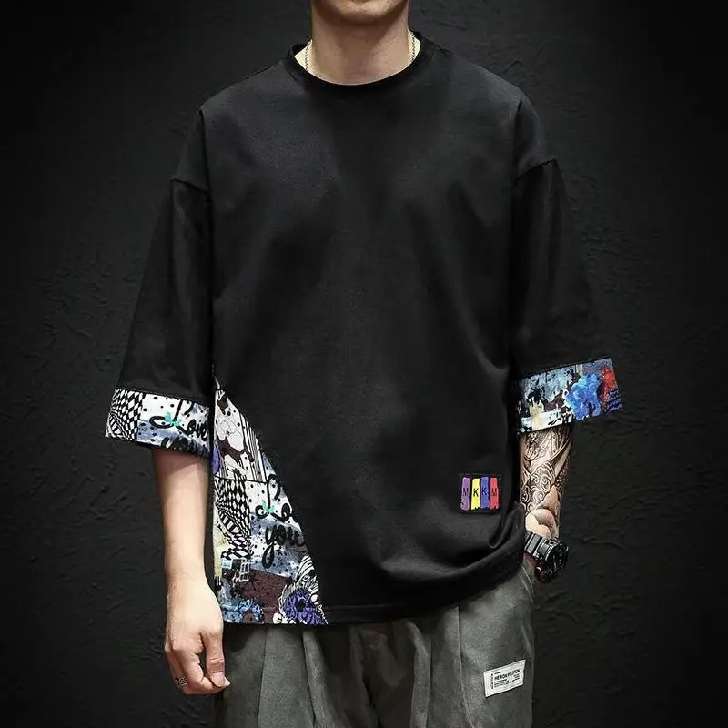 Short Sleeve T- oversize Casual  Summer Top Fabric Menswear Geometric  tee chinese man shirt