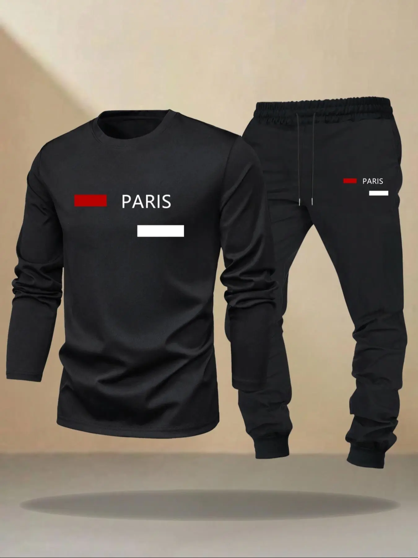 Men's Letter Print Long Sleeve Tee & Drawstring Waist Pants Two-piece Set, Regular Fit Round Neck Top & Trousers for Spring & Fall, Casual Fashion Cozy Breathable Men Two-piece Outfits
