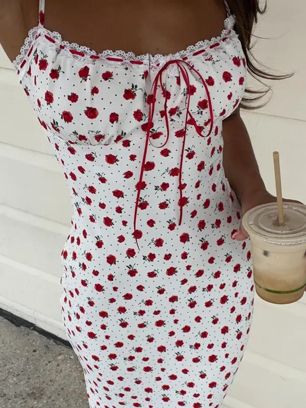 Women's Ditsy Floral Print Contrast Lace Tie Front Bodycon Cami Dress, Boho Spaghetti Strap Backless Long Dress for Summer Beach Holiday Party Club, Summer Dresses 2024, Summer Outfits 2024, Ladies Summer Clothes 2