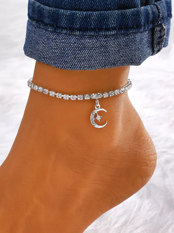 Rhinestone Star & Moon Charm Beads Anklet, Gifts for Her, Pendants, Fashionable Jewelry for Women & Girls for Party, Daily Clothing Decor, Trendy All-match & Exquisite Jewelry for Birthday Gift 2