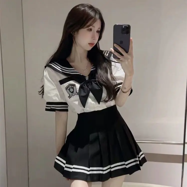 Váy Bộ Đồng Phục JK Nhật Bản Mùa Hè 2024 Bộ Đồ Thủy Thủ Phong Cách Preppy Cho Nữ Áo Sơ Mi ngắn Tay Cổ Thủy Thủ Váy Trăm Khuôn Viên Học Sinh