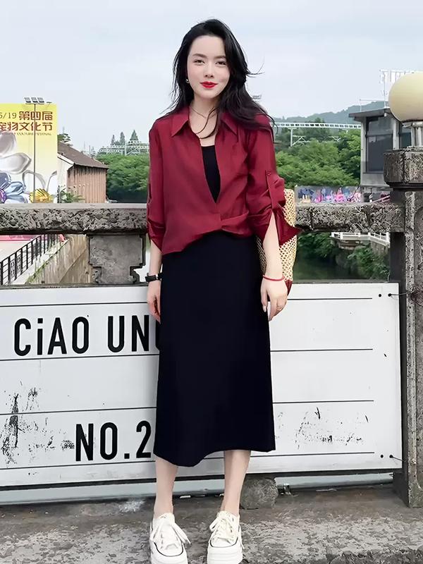 Set Váy 2 Dây Kèm Áo Sơ Mi Ngoài Chất Liệu Cao Cấp Mềm Mịn, Không Bai Nhão, Co Dãn 4 Chiều - T54 4