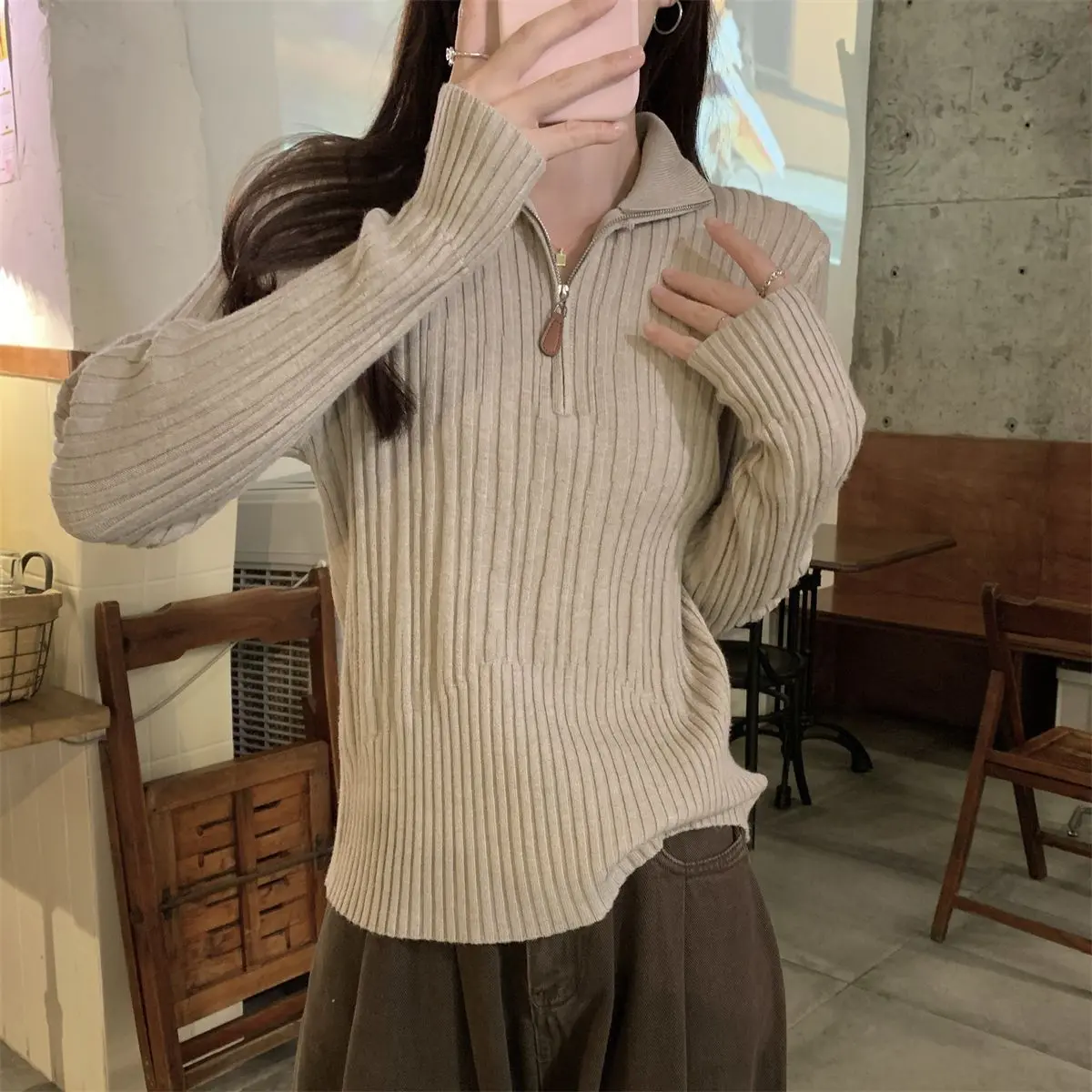 Áo Len Dệt Kim, Cảm Giác Cao Cấp, Cổ Bán Cao Có Khóa Kéo Thanh Lịch, Dài Tay, Áo Cơ Sở Kiểu Phương Tây Cho Nữ, Thích Hợp Cho Mùa Thu Và Mùa Đông