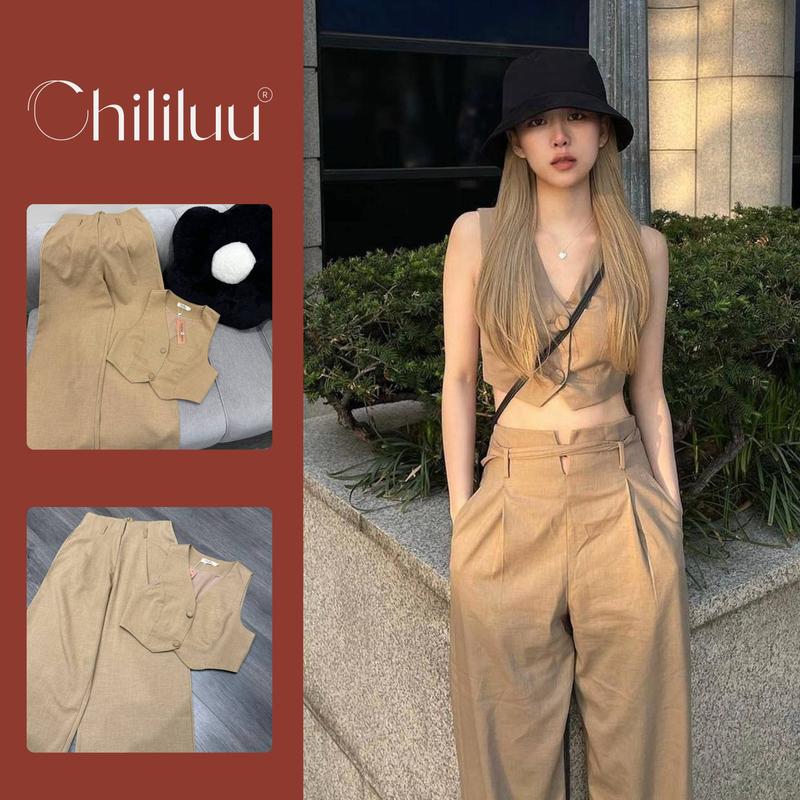 Set áo croptop Chililuu áo croptop nữ vạt V cá tính kèm quần suông ống rộng set kieu thắt đai phong cách Hàn Quốc - S43