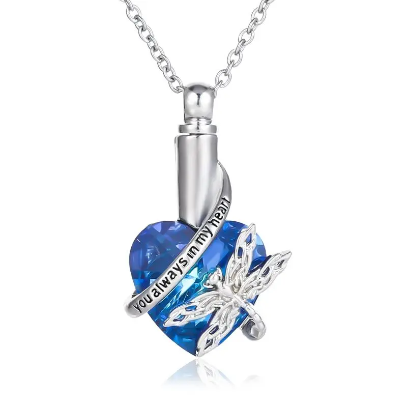 Heart Shaped Dragonfly Design Urn Necklace, Crystal Cremation Jewelry for Ashes, Memorial Keepsake Gifts for Loss Of A Loved One, Christmas Gift