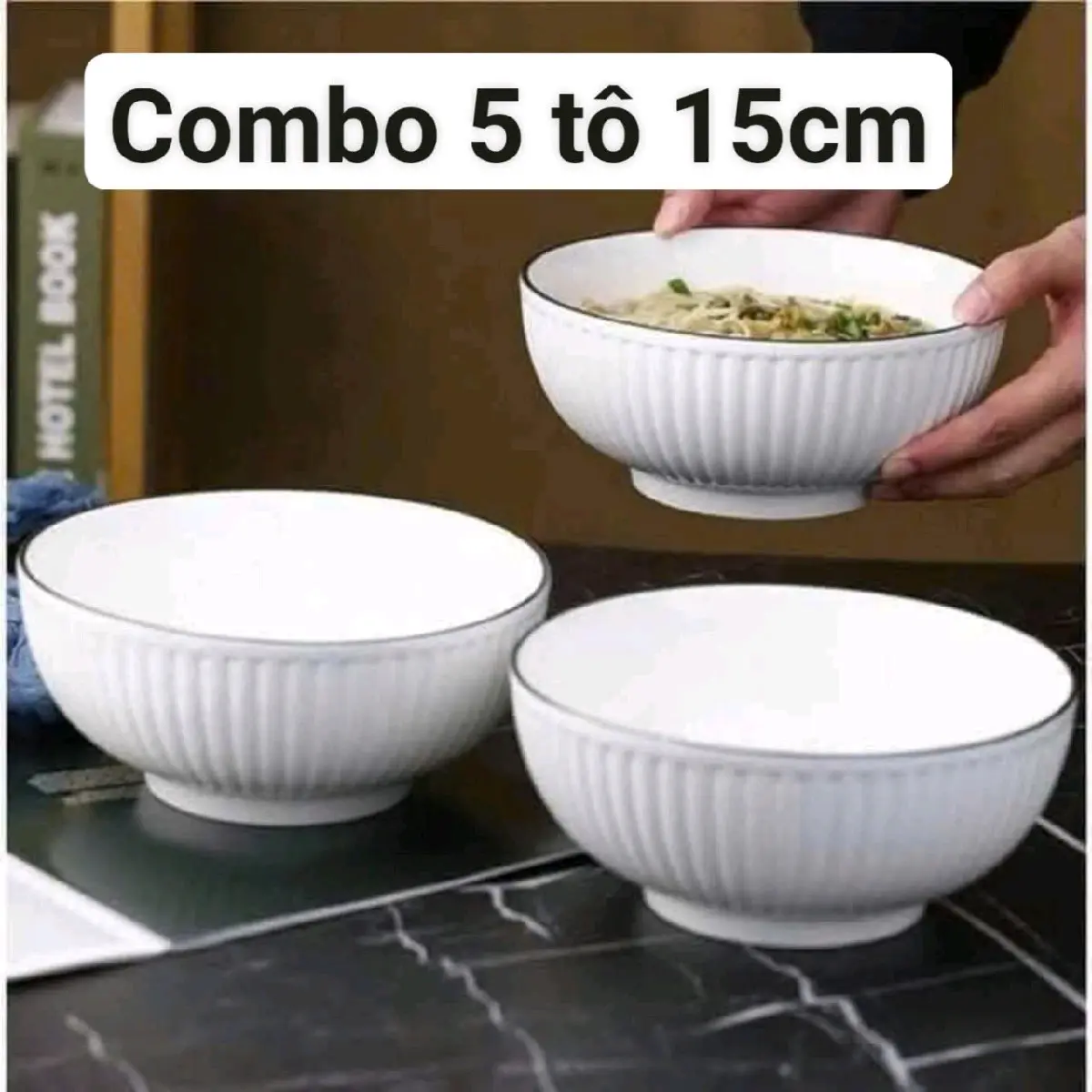 Combo 5 tô canh sứ 15cm sọc trắng viền dày dặn