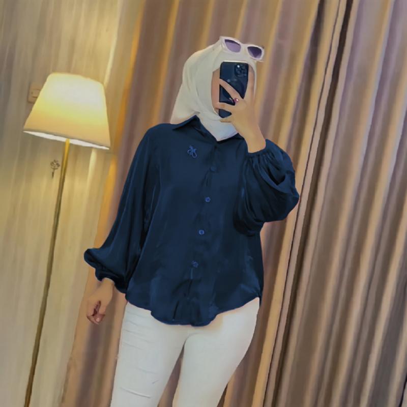 Thalia kemeja shimmer atasan polos glitter lengan balon Jumbo size M - 2XL Cantik Formal Katun Motif Panjang Silk Wanita 2