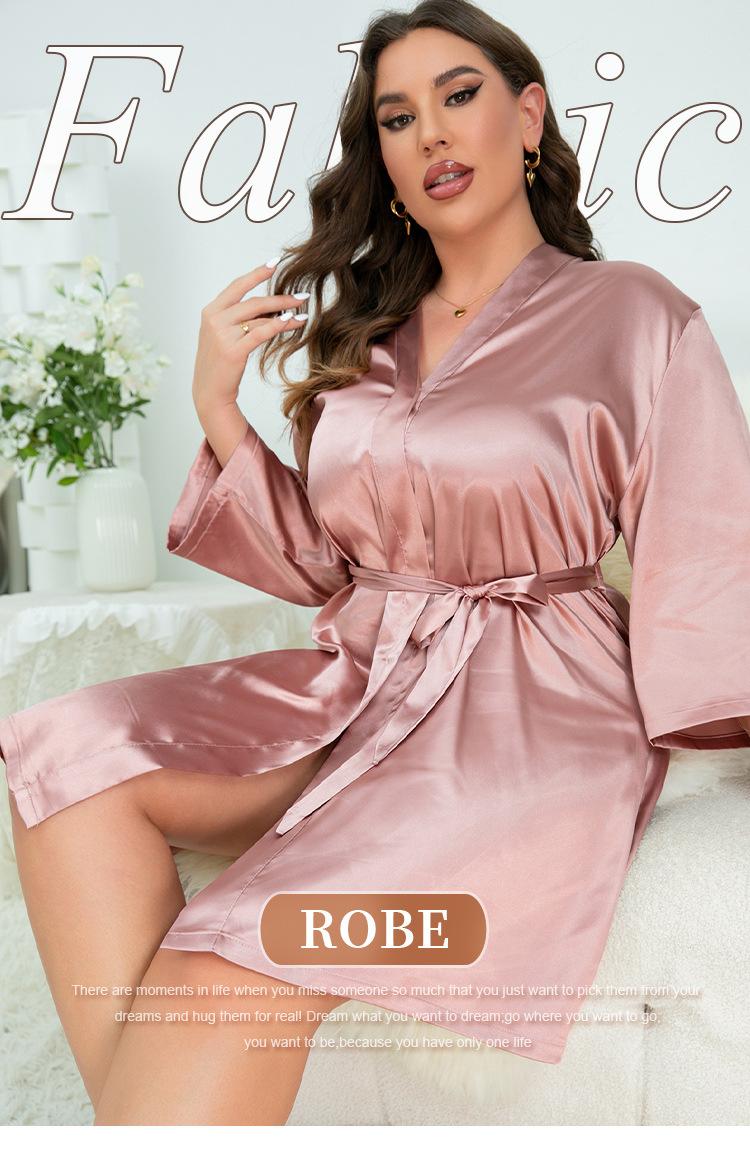 Product Introduction of 2025 new spring summer thin cross-border width plus size bathroom bathrobe casual ice silk pajamas women's home wear simple cardigan lace-up nightgown 1