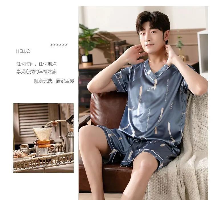 Product Introduction of Men's Pajamas Summer Fashion V-Neck Thin Ice Silk Short-Sleeved Shorts Nightie Two Piece 2024 New Boys Casual Sleepwear Nightie 20