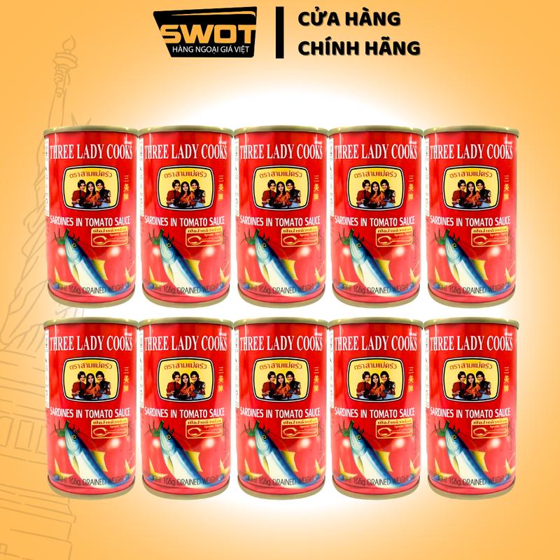Lốc 10 hộp Cá mòi 3 cô gái 155g/ hộp, cá nục sốt cà ăn nhanh ngon mê ly - SWOT