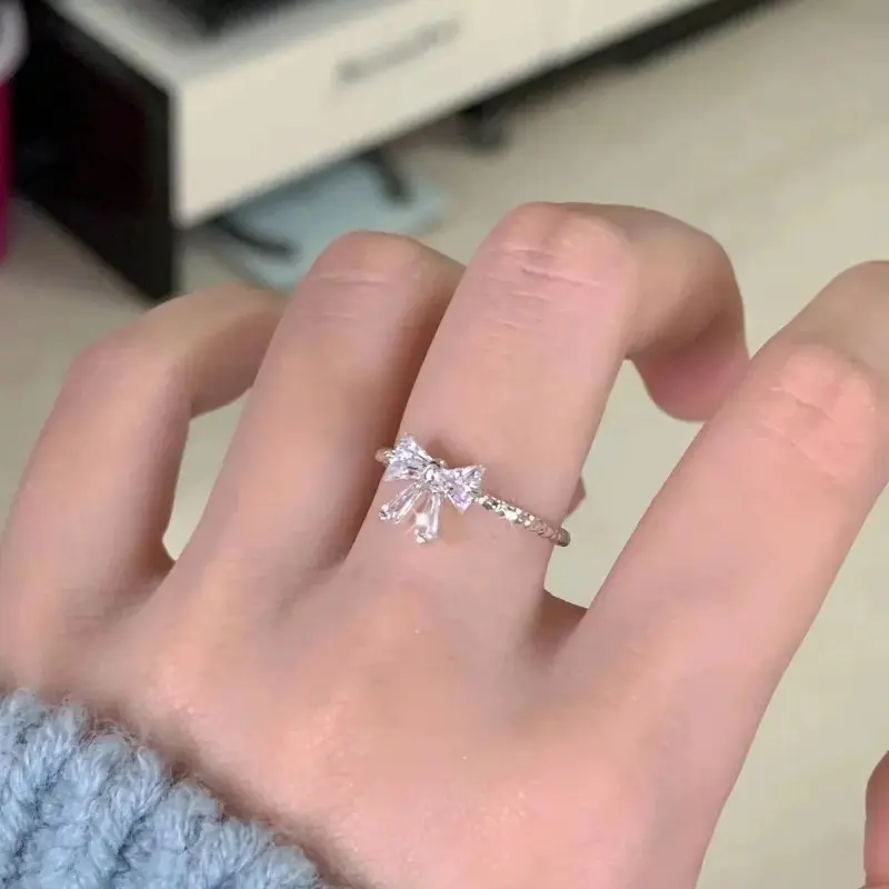 Nhẫn Nơ Trắng Lãng Mạn Và Đáng Yêu Cho Nữ, Trang Sức Tinh Tế Cho Nữ Và Bé Gái, Mở Nơ Sáng Bóng, Nhẫn Đôi Có Thể Điều Chỉnh