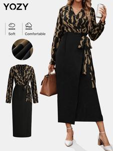 YOZY Women's Patchwork Print Belted Wrap Dress, Casual Long Sleeve V Neck Long Dress for Fall & Winter, Women's Clothing for Daily Wear