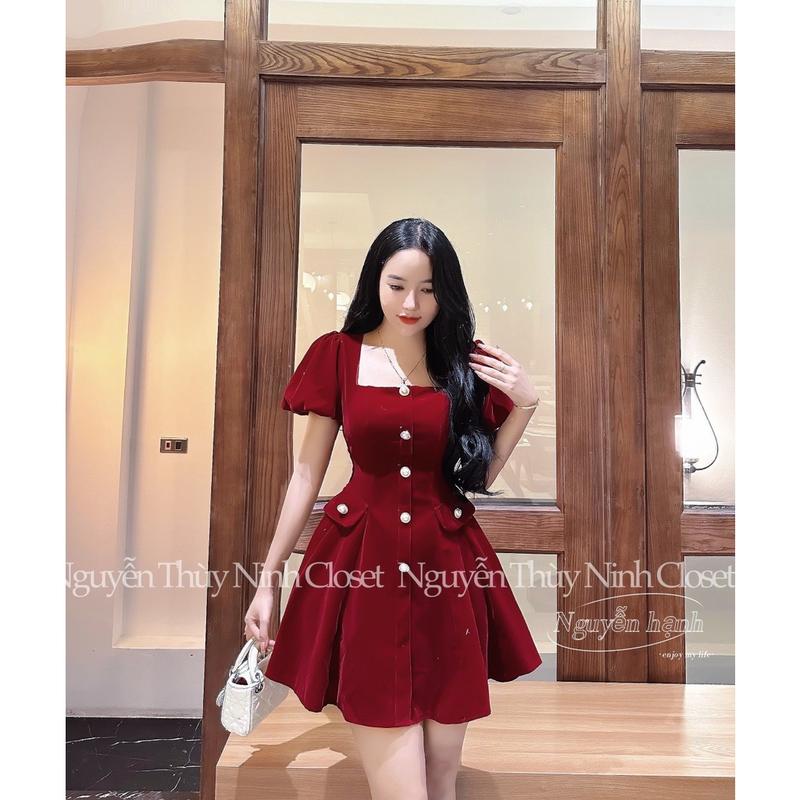 Váy đầm nữ thiết kế đi tiêc, đầm đỏ umi cồ vuông đính nút phối túi ôm eo dáng xòe dễ thương mtb Women DressThời trang mới năm 2025TOP 2