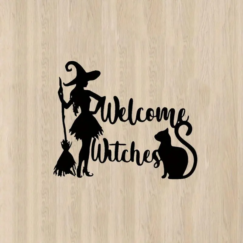 Halloween Themed Wall Art Decor, Witch & Cat & Broomstick Welcome Sign, Festive Hanging Home Decor & Holiday Door Plaque 7