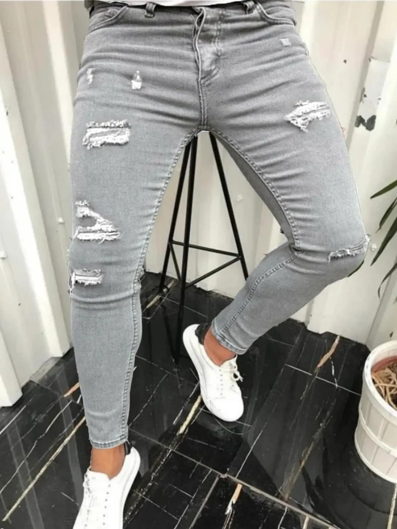 Men's Slim-fitting Ripped Jeans, Street Fashion Casual Denim Pants for Daily Wear, Fashion Men's Bottoms for Spring & Fall, Cotton