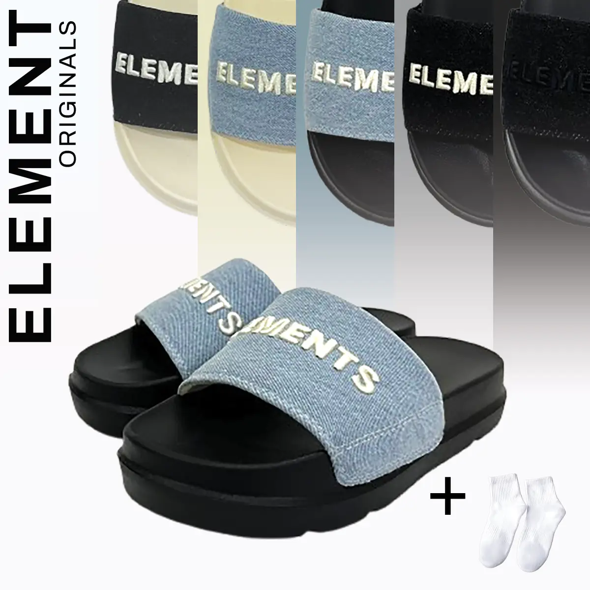 [TẶNG VỚ] E07 - Dép ELements Classic Denim unisex chữ thêu - ( Slipper ) Dép Elements vải jean đế bằng nam nữ - Elements