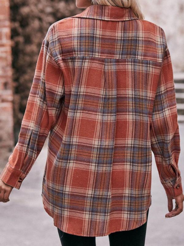 Women's Plus Size Plaid Print Flap Pocket Button Front Blouse, Casual Drop Shoulder Long Sleeve Shirt, Gift Set, Women Plus Clothing for Spring & Fall Daily Wear 6