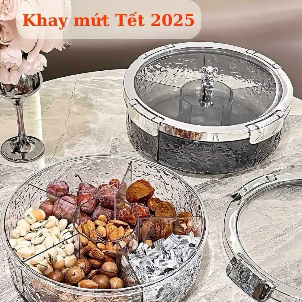 Khay đựng mứt tết, khay đựng bánh kẹo chia 6 ngăn hót 2025, thiết kế sang trọng, nắp kín chống bụi, chống bẩn