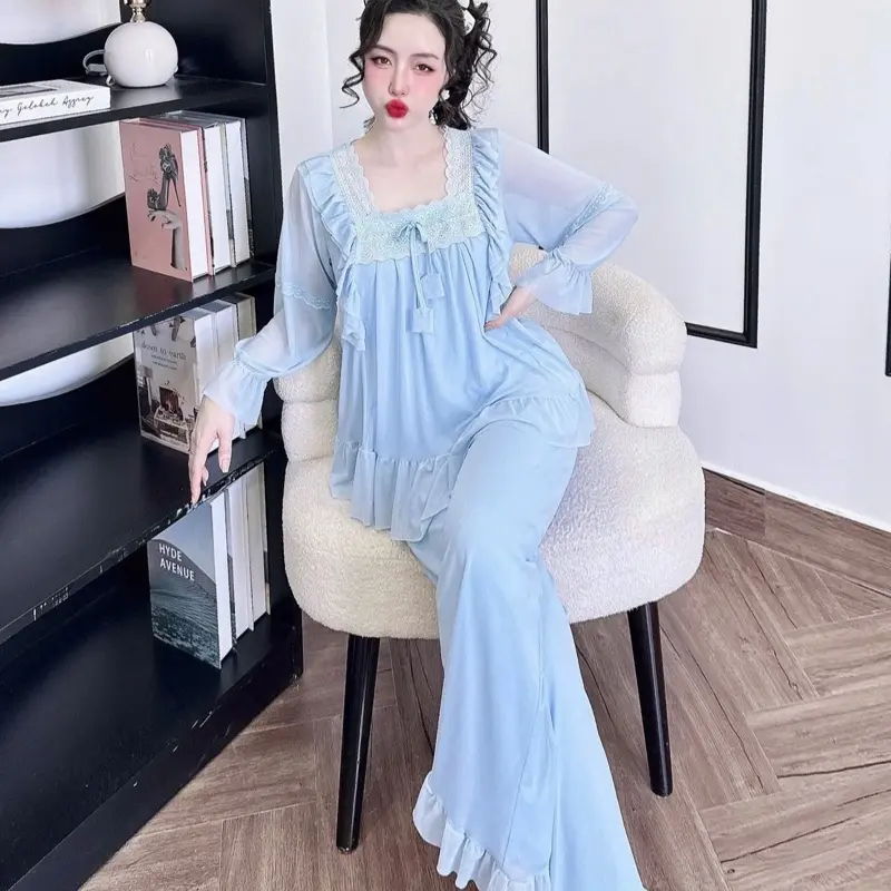 Set Bộ Tiểu Thư Style QC TDQD Cổ Vuông Phối Ren Chất Liệu Voan Thun Lưới Mềm Mát Dành Cho Nữ 40-65kg 6