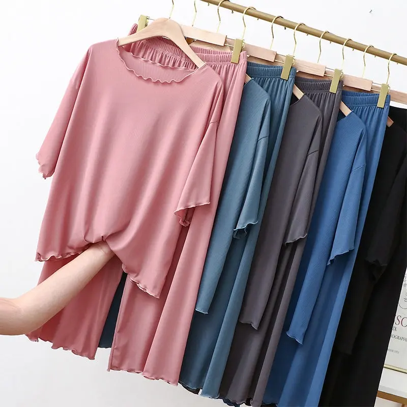 40-90kg Summer Loose Home Clothes for Women Pajamas Pants Set Female Homewear Set 2 Pieces Set Lady Home Suit Summer Women Lounge Wear