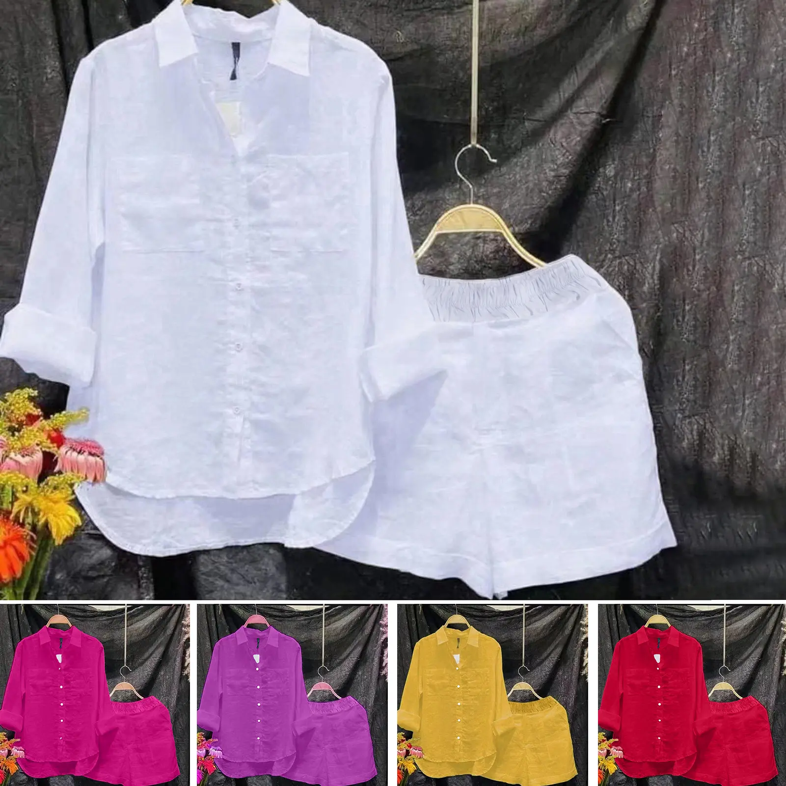 Fw.Q-2 Pcs/Set Women Shirt Shorts Set Solid Color Loose Long Sleeves Elastic Waist Single-breasted Patch Pockets Irregular Hem Lapel Casual Female Fall Spring Outfit