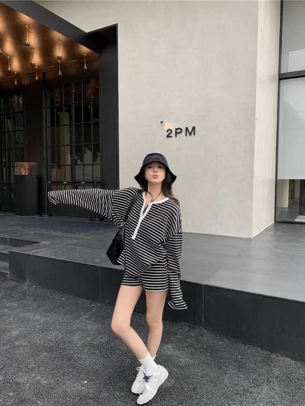 2PM Áo tay dài & Quần ngắn Chất vải tăm lạnh Dễ Thương Nữ Top ĐEN Voi sọc thêu 15 Len gân Minky mom Co dãn 4 chiều Thấm hút mồ hôi Túi zip xịn sò Size M L XL Free ship