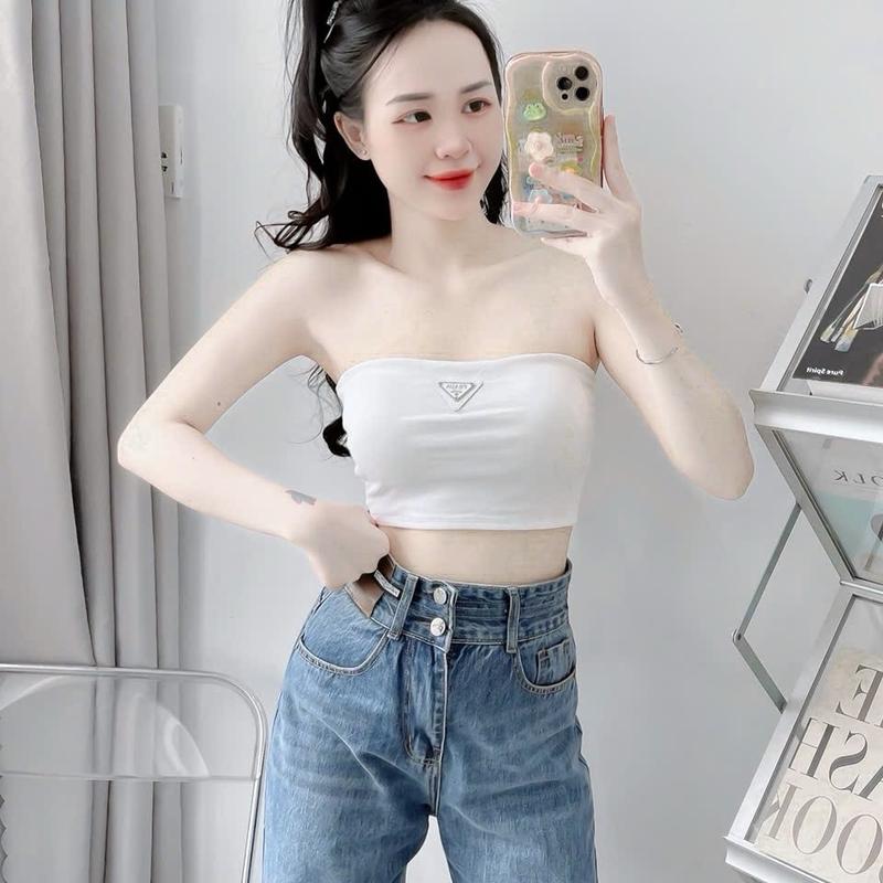 Áo Croptop ỐNG KHÔNG DÂY Nữ Thun Cotton Co Giãn 4 Chiều có Mút Ngực Women Kem Đen tank top & áo quây Xốp ba