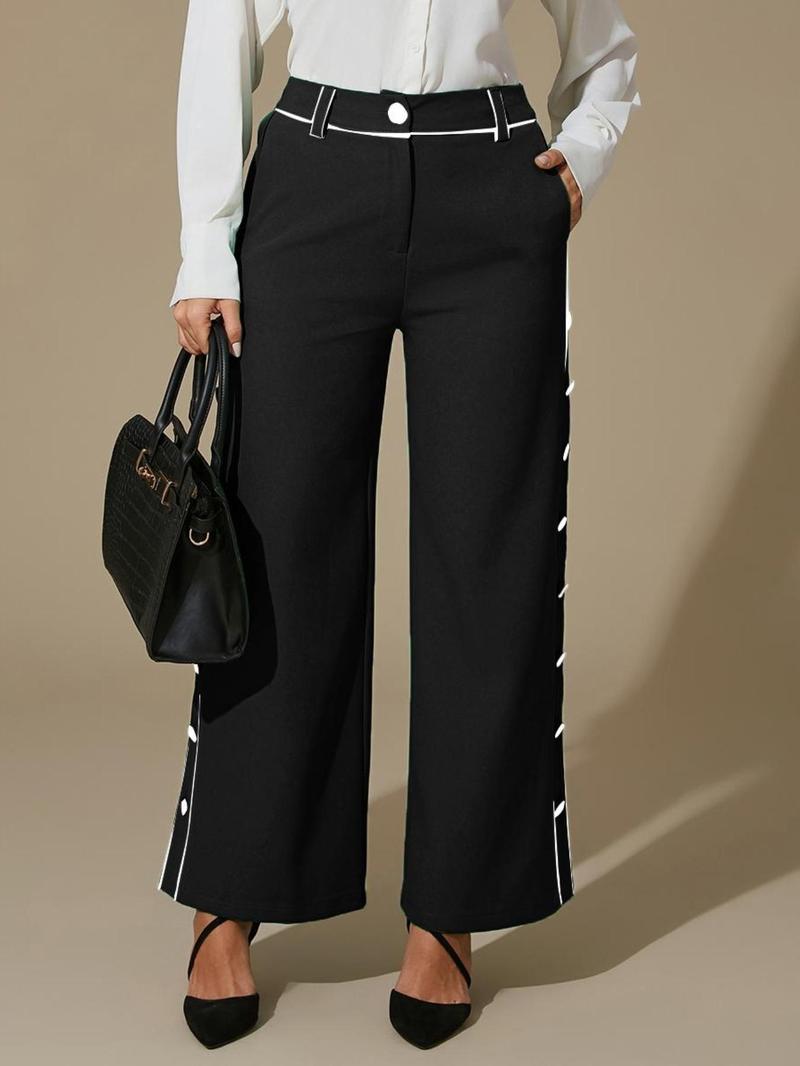 Product Introduction of Women's Colorblock Button Wide Leg Pants, Casual Comfy High Waist Trousers for Daily Wear, Ladies Bottoms for All Seasons 8