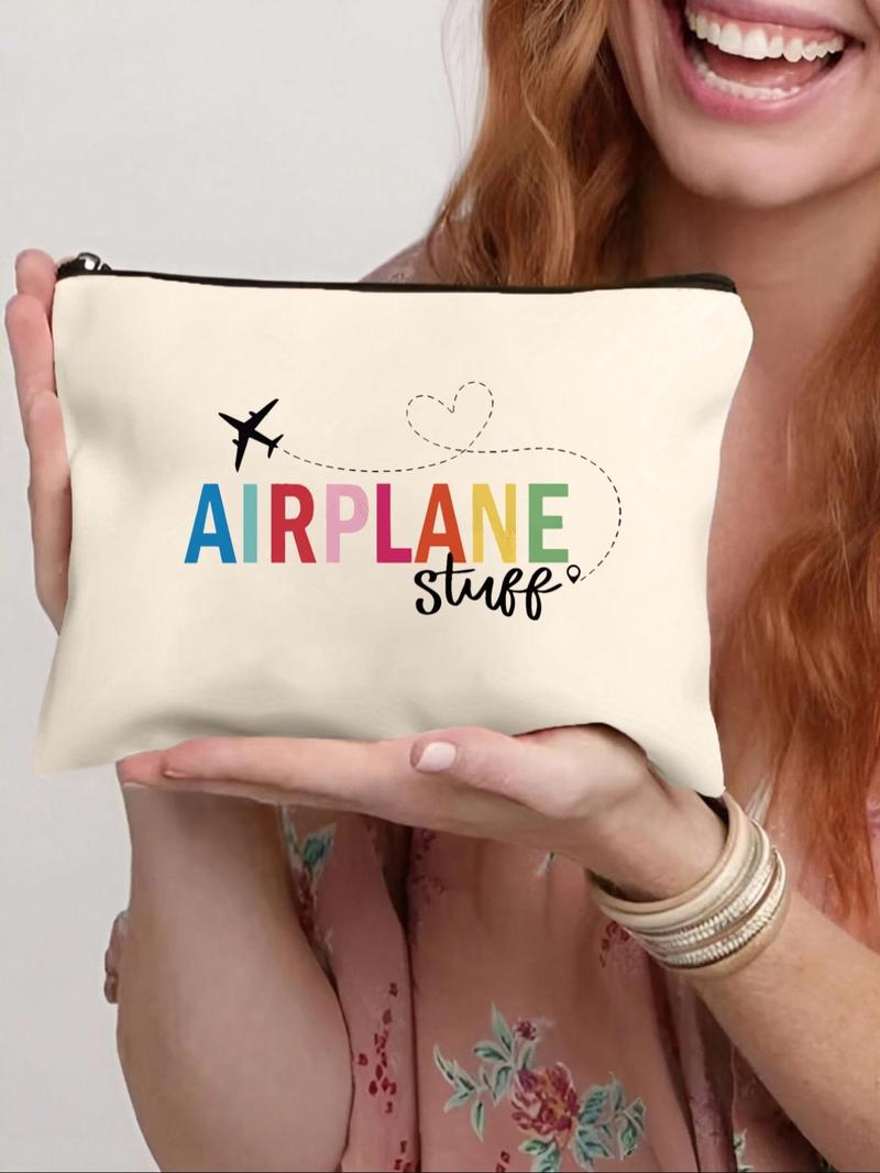 Product Introduction of Airplane Mode Letter Pattern Makeup Bag, Portable Cosmetic Storage Bag, Versatile Makeup Organizer Pouch for Travel, School, Office 0