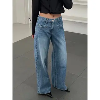(sẵn S M) Quần jean lưng vừa (dưới rốn 2cm, không phải lưng cao) ống rộng suông có 2 túi trước jean mềm Nữ Women Pants