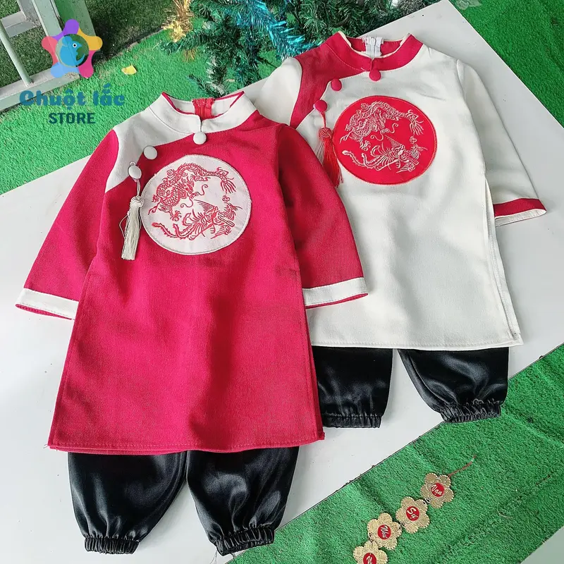 Áo Dài Cách Tân Cho Bé Trai Kèm Quần Chất Nhung Lì có Khánh Đeo Từ 8kg Đến 28kg 0