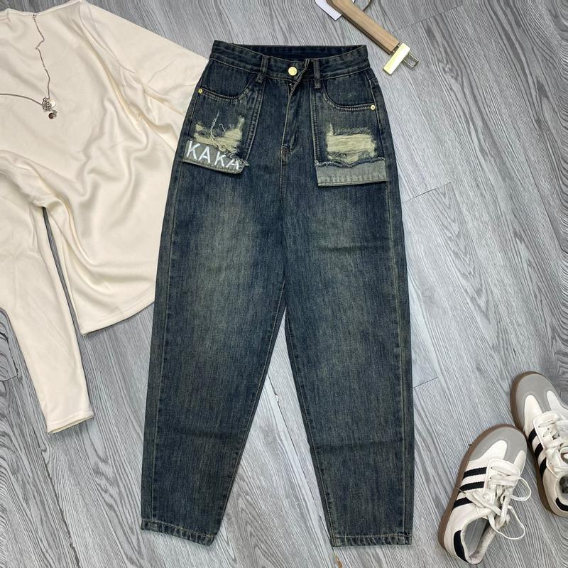 200 BL674 BIGSIZE quần jean nữ baggy DÁNG THỤNG cạp cao, quần bò baggy nữ lưng cao trơn túi tạo kiểu thêu chữ  Denim