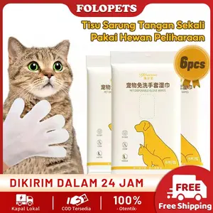FOLOPETS Tisu Sarung Tangan Pet (1Pack/6pcs) Tidak ada cuci pemandian membersihkan tisu basah untuk anjing/kucing tisu  mandi