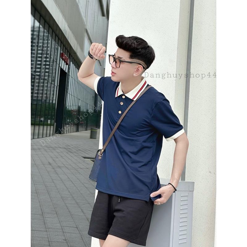 Áo Polo Nam Q.C Màu Xanh Than, Hoạ Tiết Trơn, Phối Cúc Vàng, Chất Liệu Vải Gai Dệt Kim Co Dãn 4 Chiều Ngắn Tay