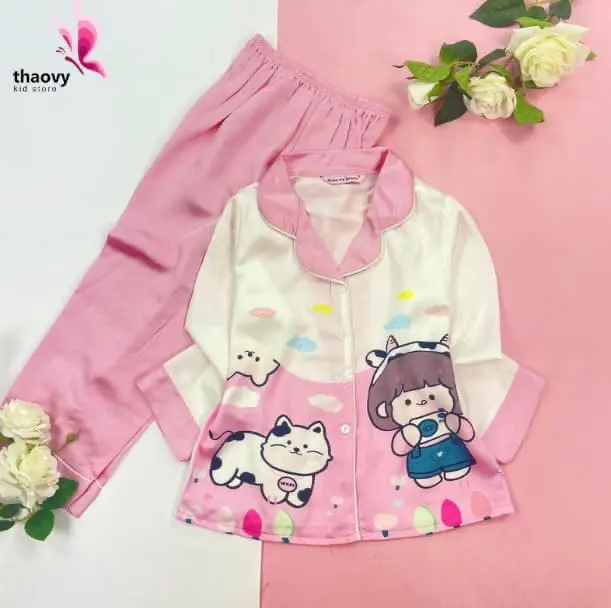 [10-57Kg] Bộ Pijama Bé Gái và Mèo Dài Vải Lụa Cao Cấp - ThaoVySleepwear - Xanh Rêu Đỏ Hồng Tím - Quần Áo Ngủ Pijama Nữ - Bé Gái - Bộ Ngủ Lụa Đồ Bộ Mặc Nhà Homewear Sleepwear Không Nhăn Co Giãn Không Xù Giặt Không Rút Dép Lê