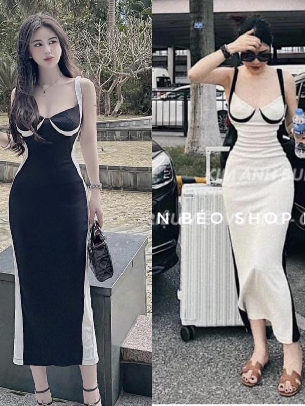 Đầm body 2 dây to phối có mút ngực chất thun gân co giãn thích hợp mặc đi tiệc đi làm đi chơi