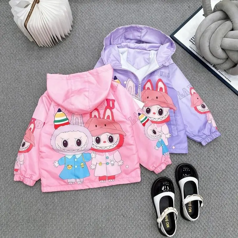 Áo Khoác Gió Labubu Cho Bé Gái 2 Lớp Lót Nỉ Có Mũ Size 13-23kg Ấm Áp Chống Nắng Chống Gió 0