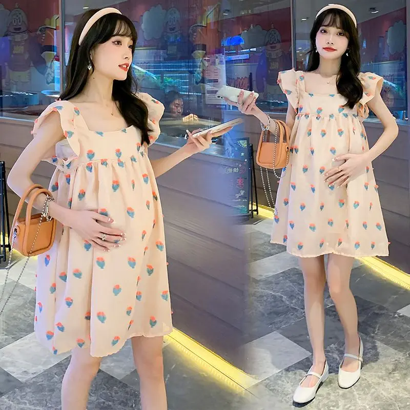 2024 New Flying Sleeve Maternity Clothes Summer Thin Sweet Floral Summer Pregnancy Pregnant Women's Short Sleeve Dress