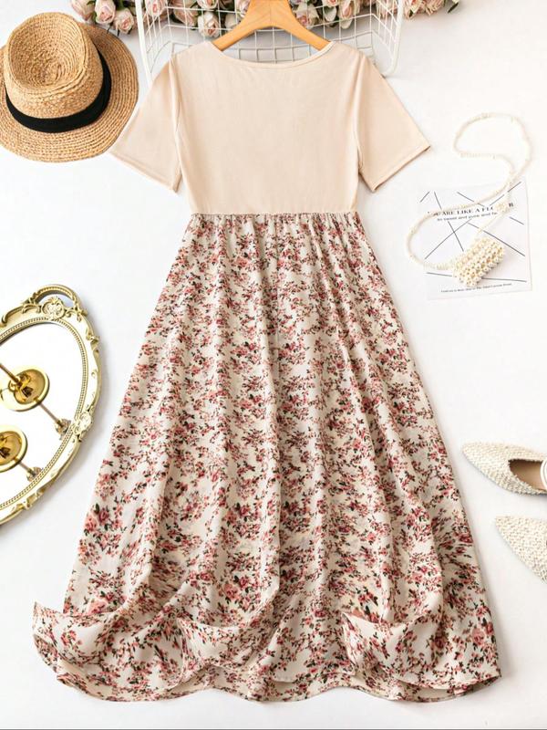 【Plus Size】Ditsy Floral Print Scoop Neck A Line Dress, Boho Casual Short Sleeve Long Dress for Daily Outdoor Wear, Summer Dress, Women Plus Clothing for All Seasons, Womenswear 3