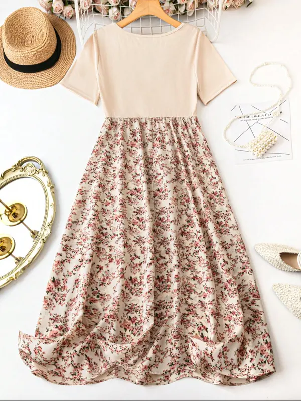 【Plus Size】Ditsy Floral Print Scoop Neck A Line Dress, Boho Casual Short Sleeve Long Dress for Daily Outdoor Wear, Summer Dress, Women Plus Clothing for All Seasons, Womenswear, Sundress 3