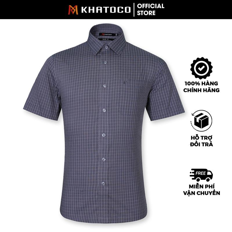 Sơ Mi Caro Tay Ngắn Màu Xám - Trắng, Form Tailor Fit Chống Nhăn, Lai Ngang - Áo Nam Khatoco quà tặng Menswear